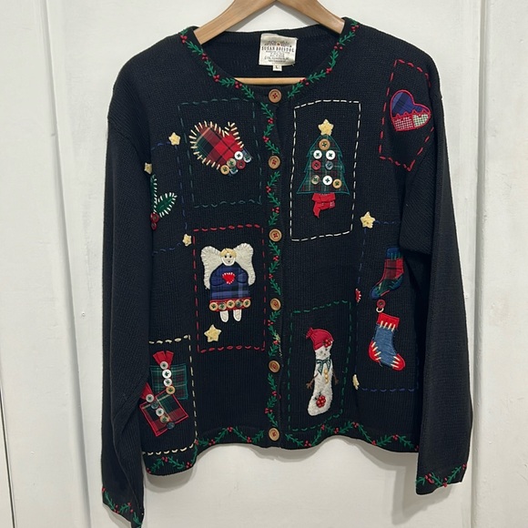 Susan Bristol Cottagecore Patchwork Christmas Sweater with Shoulder Pads 1996 - Picture 1 of 8